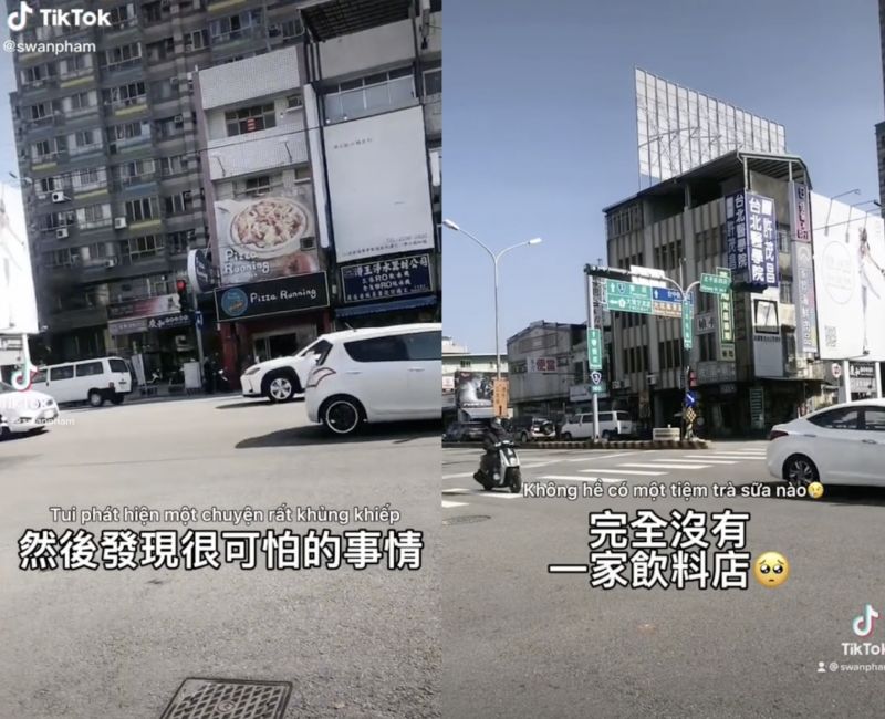 ▲國外留學生站在台灣路口發現，該條街道沒有半間飲料店，讓她感到非常可怕。（圖/抖音＠swanpham）