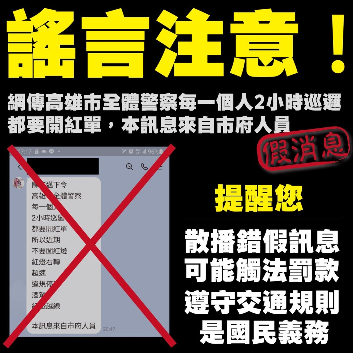網傳陳其邁令警察每2小時巡邏都要開單　警方：假訊息

