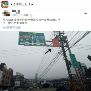 紅色六角形路標是啥?正確解答曝光 網歪樓:開放飄移 ▲原PO表示在台三線沿路都看到這個紅色路標,卻不清楚它的用意,因此上網詢問網友才得知是「浪漫臺三線標誌」。(圖/翻攝自《爆廢公社》)