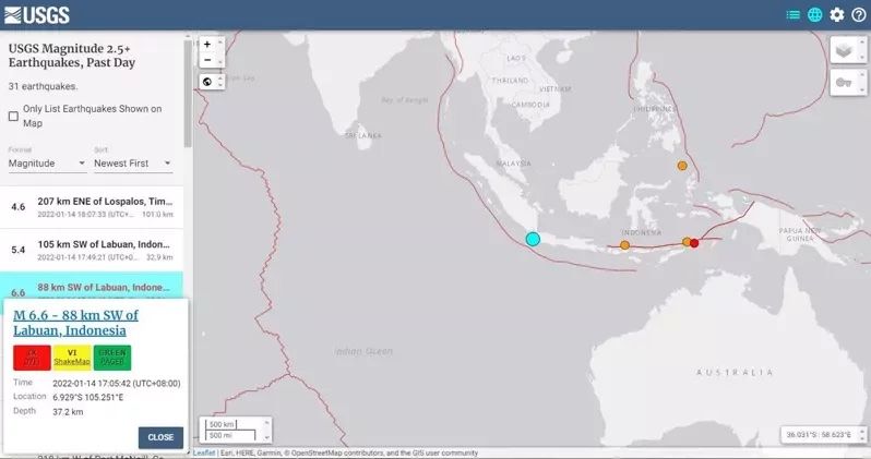 ▲美國地質調查所（USGS）指出，印尼爪哇島（Java Island）外海今天發生規模6.6地震。（圖／翻攝自美國地質調查局）