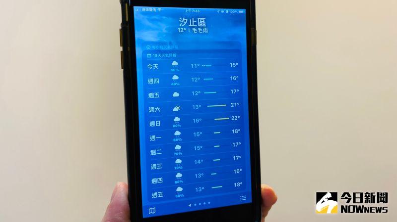 ▲iOS 15大幅更新「氣象」App，在未來10天天氣預報中，多了許多長短線條。（圖／記者黃韻文拍攝）