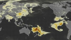 ▲圖為1月17日，新西蘭國家水與大氣研究所（NIWA）釋出的全球二氧化硫顯示，可見在太平洋一般濃度明顯急增。（圖／翻攝自NIWA官方Twitter）