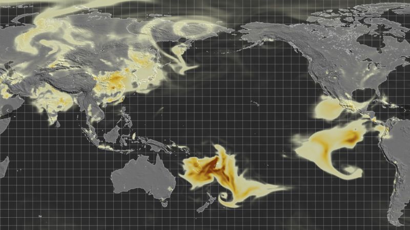 ▲紐西蘭國家水資源和大氣研究機構釋出的全球二氧化硫顯示，1月17日太平洋地區濃度明顯急增。（圖／翻攝自NIWA官方Twitter）
