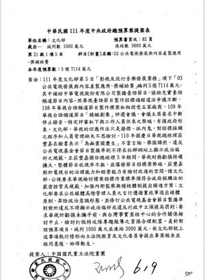 ▲中華民國111年度中央政府總預算案提案表619案