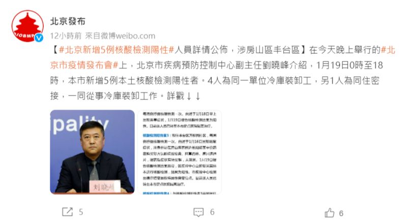 ▲中國北京19日再通報5例本土核酸檢測陽性者。（圖／翻攝自北京發布官方微博）
