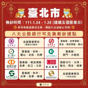 公股銀行台北市換新鈔據點。(圖/財政部提供) ▲公股銀行台北市換新鈔據點。(圖/財政部提供)