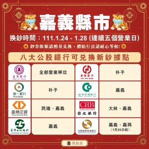8大公股銀行嘉義縣市可兌換新鈔據點。(圖/財政部提供) ▲8大公股銀行嘉義縣市可兌換新鈔據點。(圖/財政部提供)