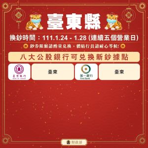 8大公股銀行台東縣可兌換新鈔據點。(圖/財政部提供) ▲8大公股銀行台東縣可兌換新鈔據點。(圖/財政部提供)