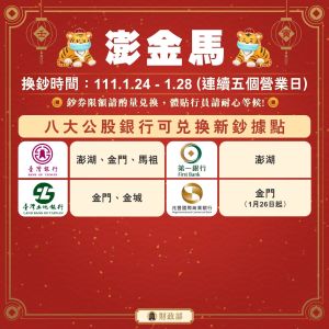 8大公股銀行澎湖、金門及馬祖可兌換新鈔據點。(圖/財政部提供) ▲8大公股銀行澎湖、金門及馬祖可兌換新鈔據點。(圖/財政部提供)