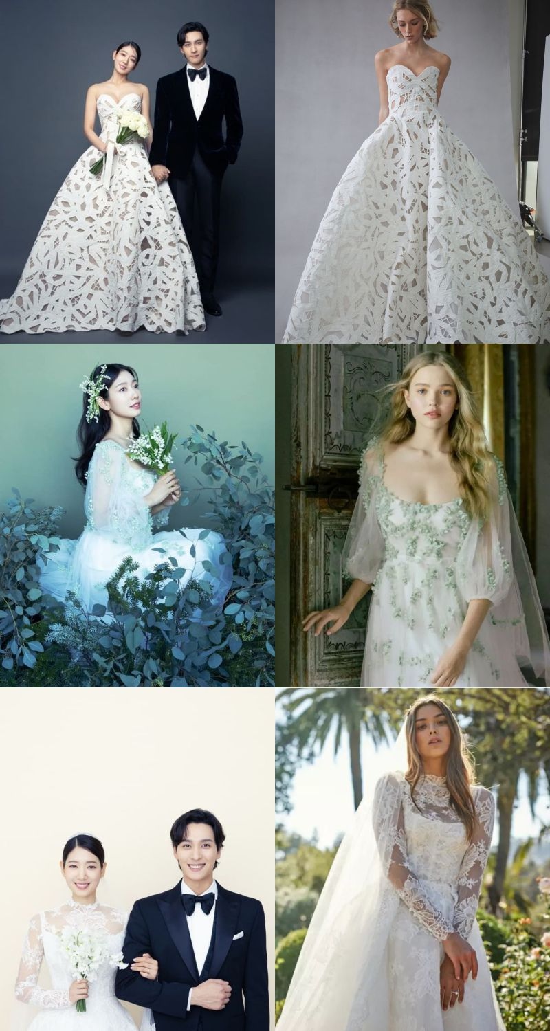 ▲朴信惠的婚紗款式公開。（圖／S.A.L.T Entertainment、Oscar de la Renta、Monique Lhuillier IG）