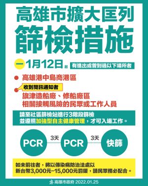 ▲自1月12日起有進出或曾到過高雄港中島商港區、旗津造船廠、修船廠區相關接觸風險的民眾或工作人員，市府會用簡訊通知，務必到社區篩檢站，進行三階段篩檢，收到簡訊未依指示前往者，將以傳染病防治法處以新台幣3,000至15,000元罰鍰。（圖／高雄市政府提供）