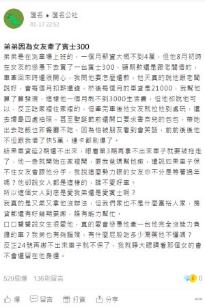 ▲弟弟在洗車場上班,薪資不到4萬元,結果去年在女友慫恿之下,買了一台賓士C300車款。(圖/翻攝《匿名公社》) ▲弟弟在洗車場上班,薪資不到4萬元,結果去年在女友慫恿之下,買了一台賓士C300車款。(圖/翻攝《匿名公社》)