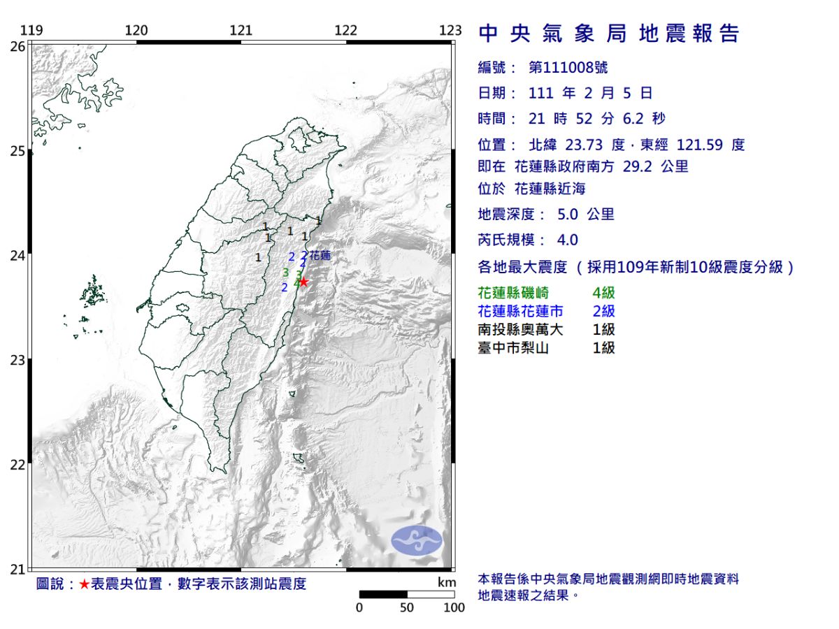 21:52花蓮近海地震！芮氏規模4.0　最大震度4級
