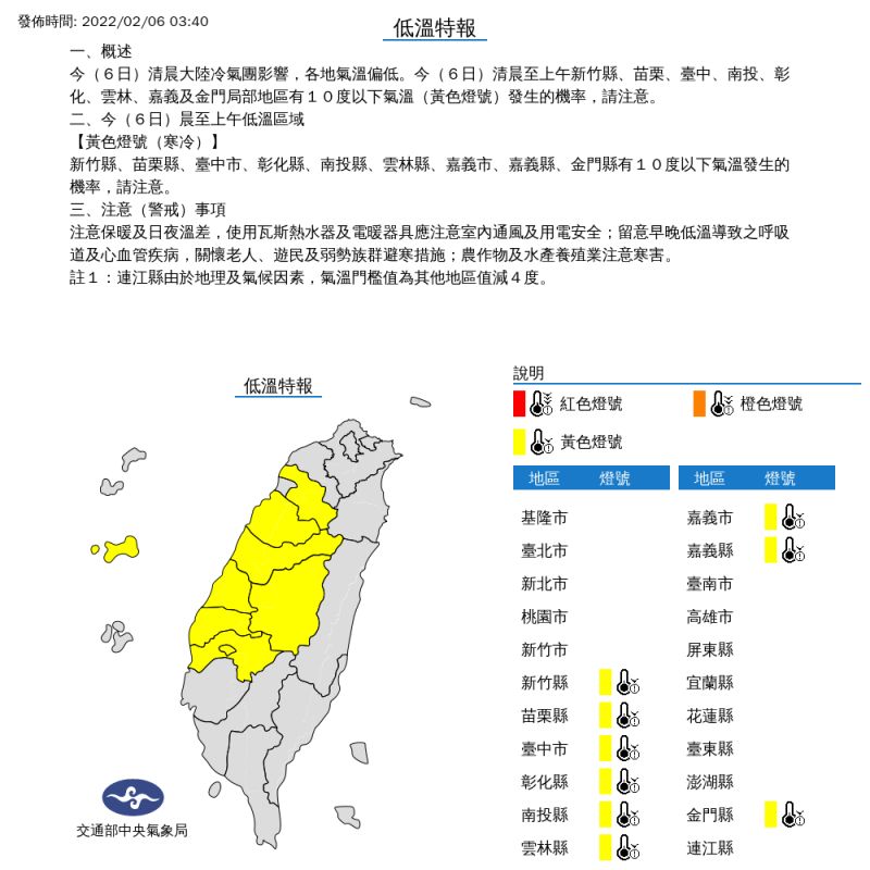 ▲氣象局針對9縣市發布低溫警戒。（圖／氣象局提供）