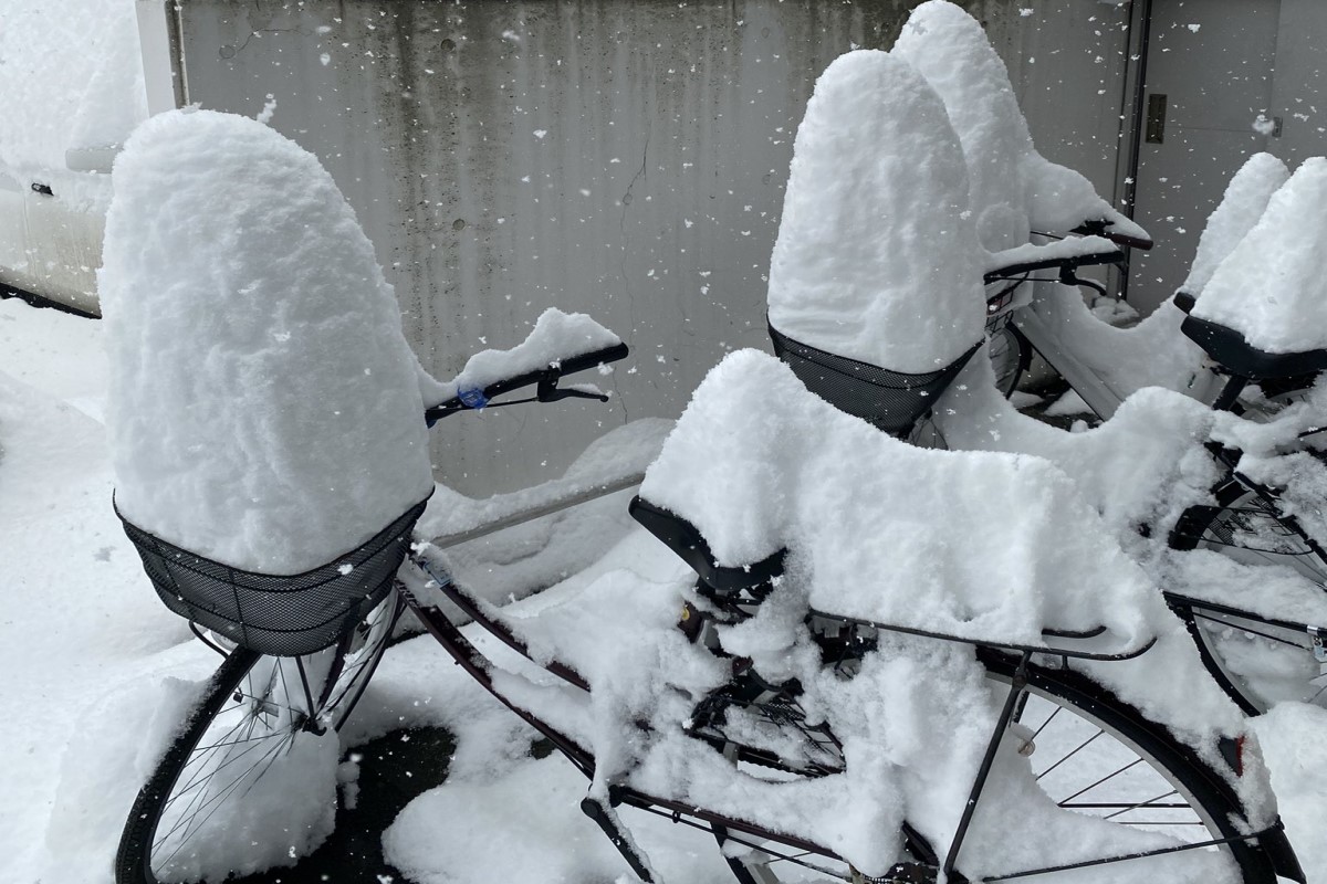 ▲北海道札幌日前下起大雪，一名網友拍下腳踏車上的積雪奇景。（圖／Twitter帳號ichiichi1206）