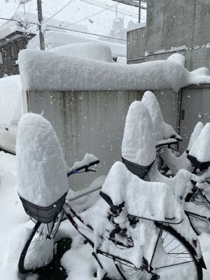 ▲推主看見腳踏車置物籃與座位上堆滿誇張的白雪，忍不住拍下來分享在網路上。（圖／Twitter帳號ichiichi1206）