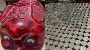 ▲紅色豬公10元硬幣快存滿了，讓原PO決定拿出來清點。（圖／翻攝爆系公社）