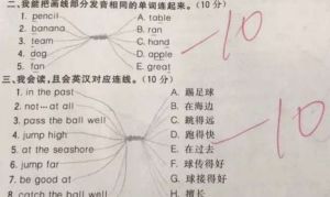 ▲一名中國小學生在回答英文連連看題型時，使用「打結法」，讓老師一看哭笑不得。（圖／翻攝自網易新聞）