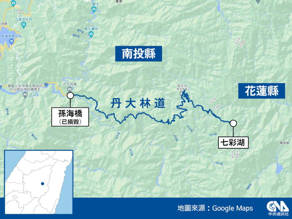 ▲丹大林道直通海拔2980公尺的七彩湖，號稱台灣最長林道。（中央社製圖）