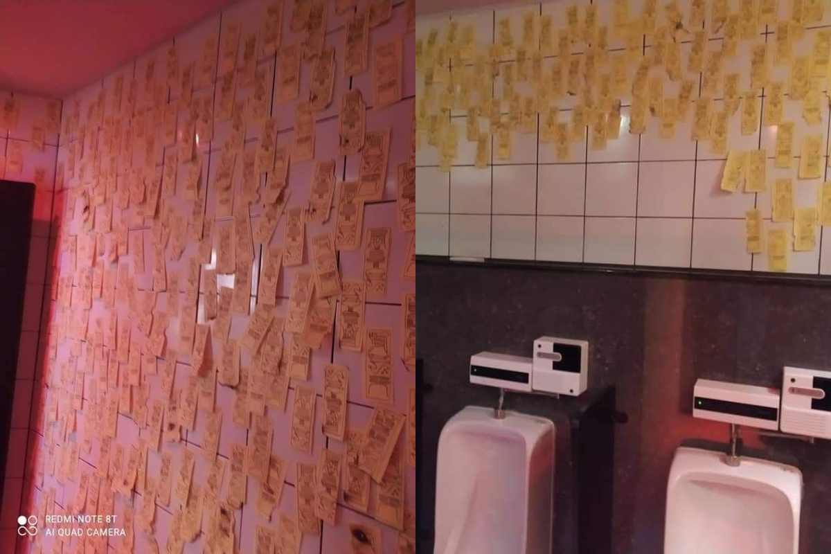 ▲一名網友在網路上表示，他尿急去廁所時，發現牆上滿滿都是黃色符咒。（圖／翻攝自爆廢公社）