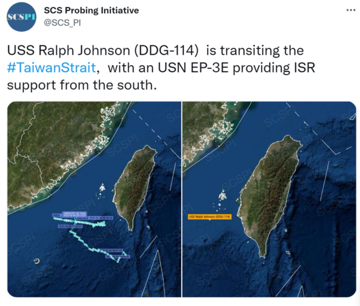 ▲中國智庫26日透過推特指出，美國海軍驅逐艦「拉爾夫·強森號」正在穿越台灣海峽，同時台海南方更有一架EP-3E電子偵察機，提供「情報、監視和偵察」的支持。（圖／擷取自@SCS_PI推特）