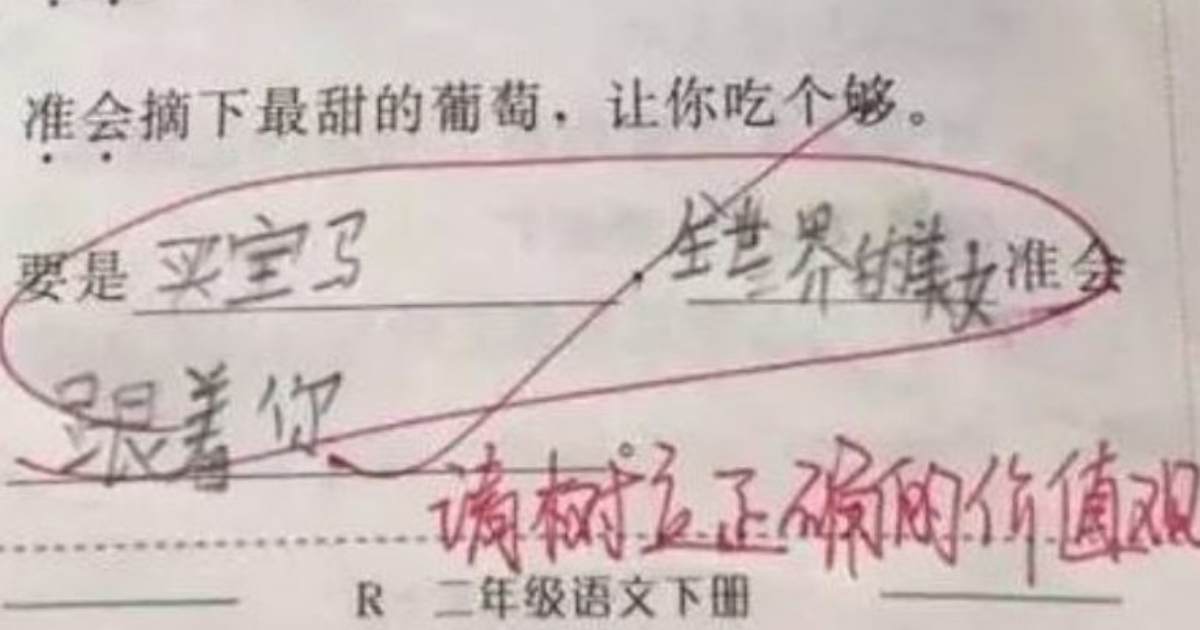 ▲中國網路上日前就流傳一段小學2年級學生的「奇葩造句」，而該位學生的「特殊價值觀」就連老師也驚呆。（圖/翻攝微博）