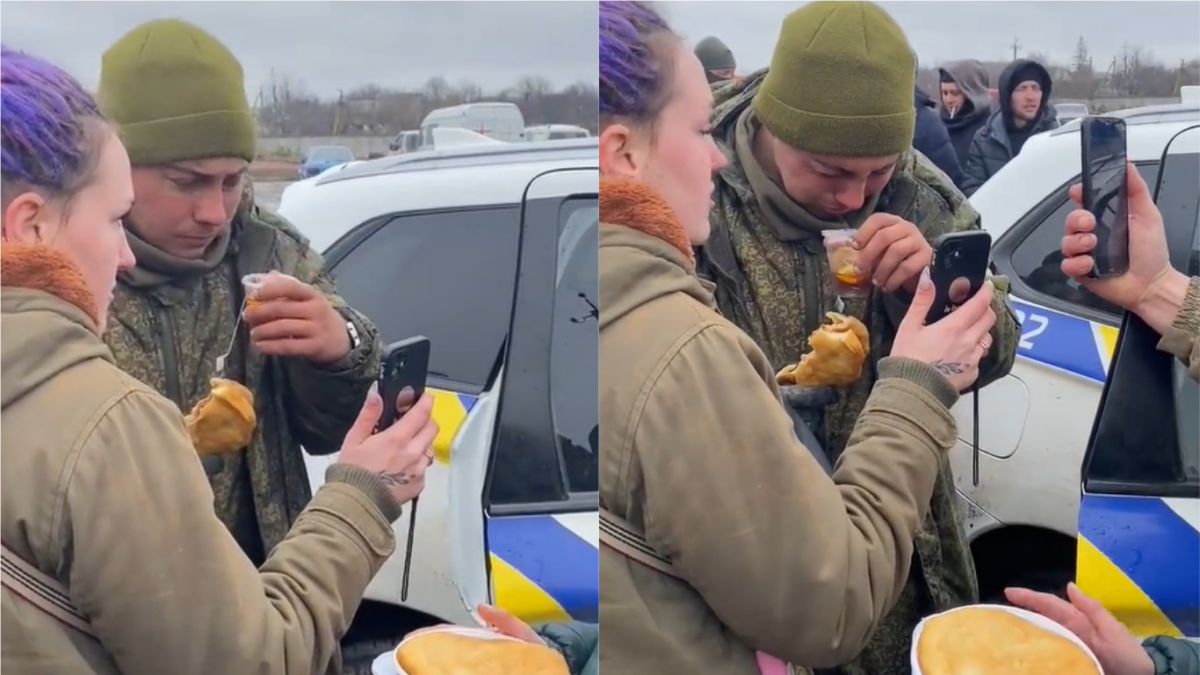 ▲烏克蘭平民提供棄械後的俄國士兵熱茶與食物，還讓他能打視訊電話回家給母親。（圖／翻攝自《Global News》推特）