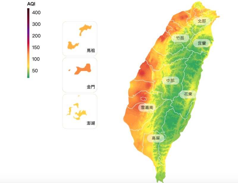 ▲環保署表示。受地形影響雲嘉南以北擴散條件較差，易有污染物累積。（圖／翻攝自空氣品質監測網）