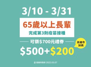 ▲65歲長者打第3劑再加碼200元共可領700元。(圖/高市府提供) ▲65歲長者打第3劑再加碼200元共可領700元。(圖/高市府提供)