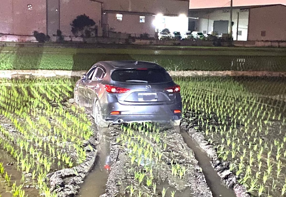 ▲台中市烏日區昨（9）晚發生一起轎車開入稻田的意外，這已經是相同地點近年第3次有民眾開車衝進田裡「巡田水」。（圖／翻攝自邱所長臉書）