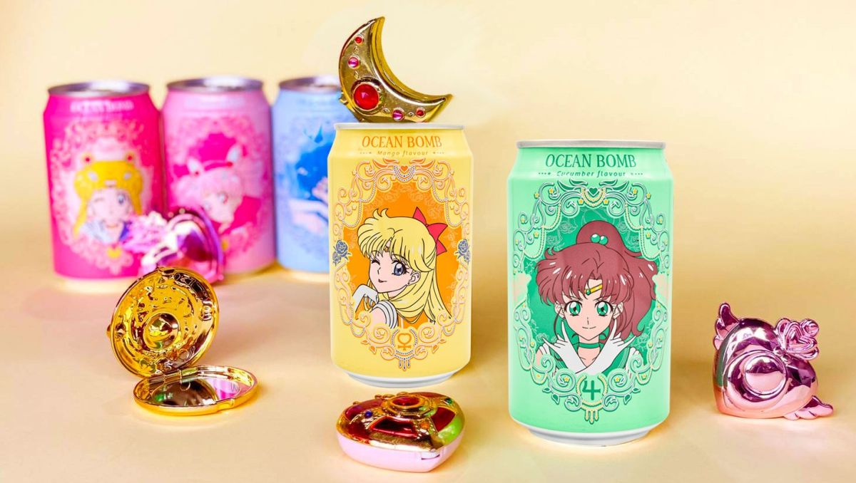▲Ocean Bomb美少女戰士系列氣泡水新增芒果口味的水手金星，以及小黃瓜口味的水手木。（圖／業者提供）