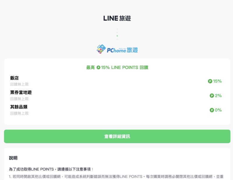 ▲3/16～3/18在LINE旅遊內下訂PChome旅遊飯店，可享15%LINE POINTS回饋，沒有上限。（圖/翻攝官網）