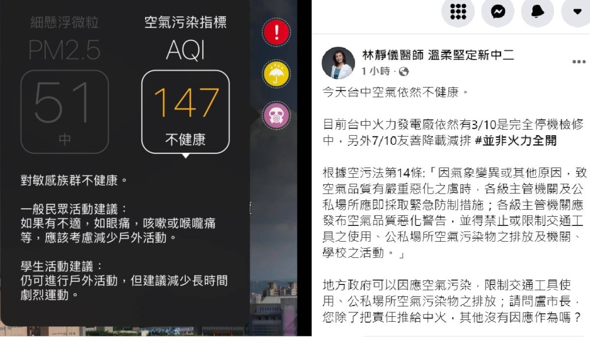 ▲林靜儀認為空氣嚴重惡化時，盧市府應採取緊急措施，而非把責任推給中火。（圖／林靜儀臉書，2022.03.17）