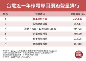 ▲台電近一年停電原因網路聲量排行。(圖/網路溫度計提供) ▲台電近一年停電原因網路聲量排行。(圖/網路溫度計提供)