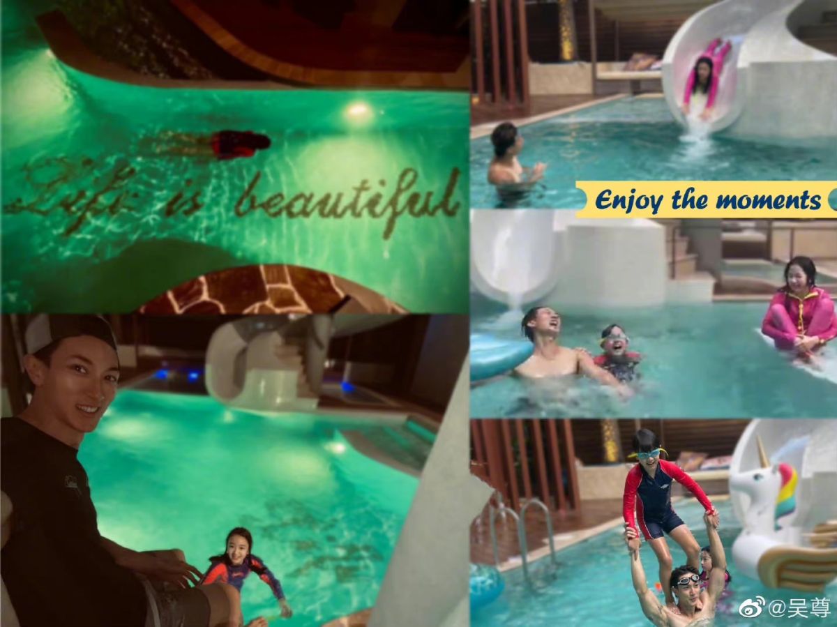 ▲吳尊一家在汶萊豪宅隔離過活，家中有滑水道泳池。翻攝吳尊微博