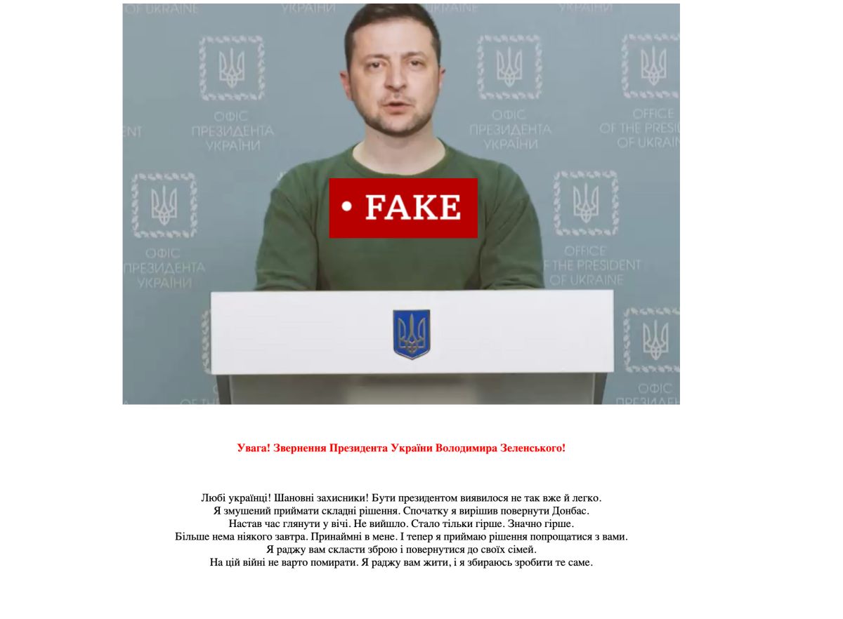 ▲有人用深偽技術（deepfake）假造烏克蘭總統澤倫斯基勸烏軍向俄羅斯投降的影片，在社群媒體流傳，並被駭客放到烏國新聞台網站上。專家警告這恐是資訊戰冰山一角。（圖／取自推特帳號@Shayan86）
