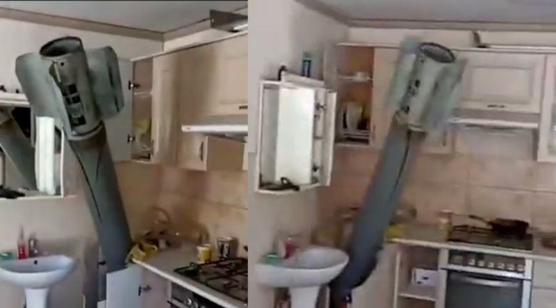▲烏克蘭第2大城哈爾科夫（Kharkiv）傳出有民宅廚房遭飛彈打穿屋頂，斜插在洗碗槽的位置。（圖／翻攝自每日郵報）