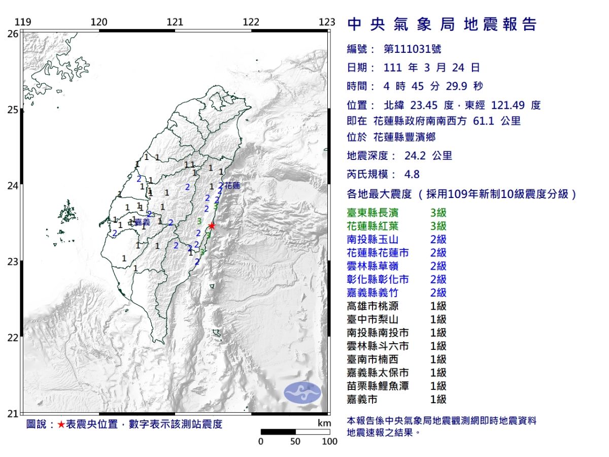 ▲今（24）日凌晨4點45分，東部再次發布有感地震，芮氏規模4.8，地震深度24.2公里。（圖／氣象局提供）
