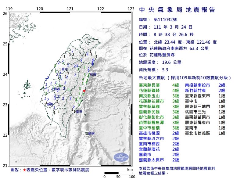 ▲今（24）日08:38花東地區發生有感地震，台東、花蓮最大震度4級。（圖／氣象局提供）