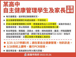 ▲某高中家長、學生自主管理注意事項。(圖／高市府提供)