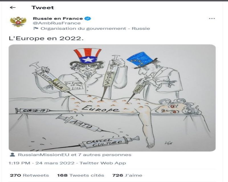 ▲俄羅斯駐法國大使館用漫畫嘲諷歐美。（圖／翻攝自推特）