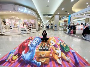 ▲Global Mall新北中和設有「3D貓咪藝術畫」，跟著貓咪一起野餐。（圖／Global Mall提供）