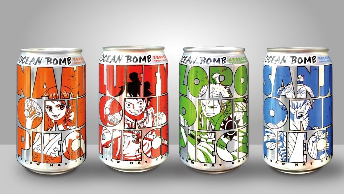 ▲Ocean Bomb推出4款「航海王氣泡水」，分別是乳酸、芒果、蜂蜜檸檬與熱帶水果口味。（圖／業者提供）