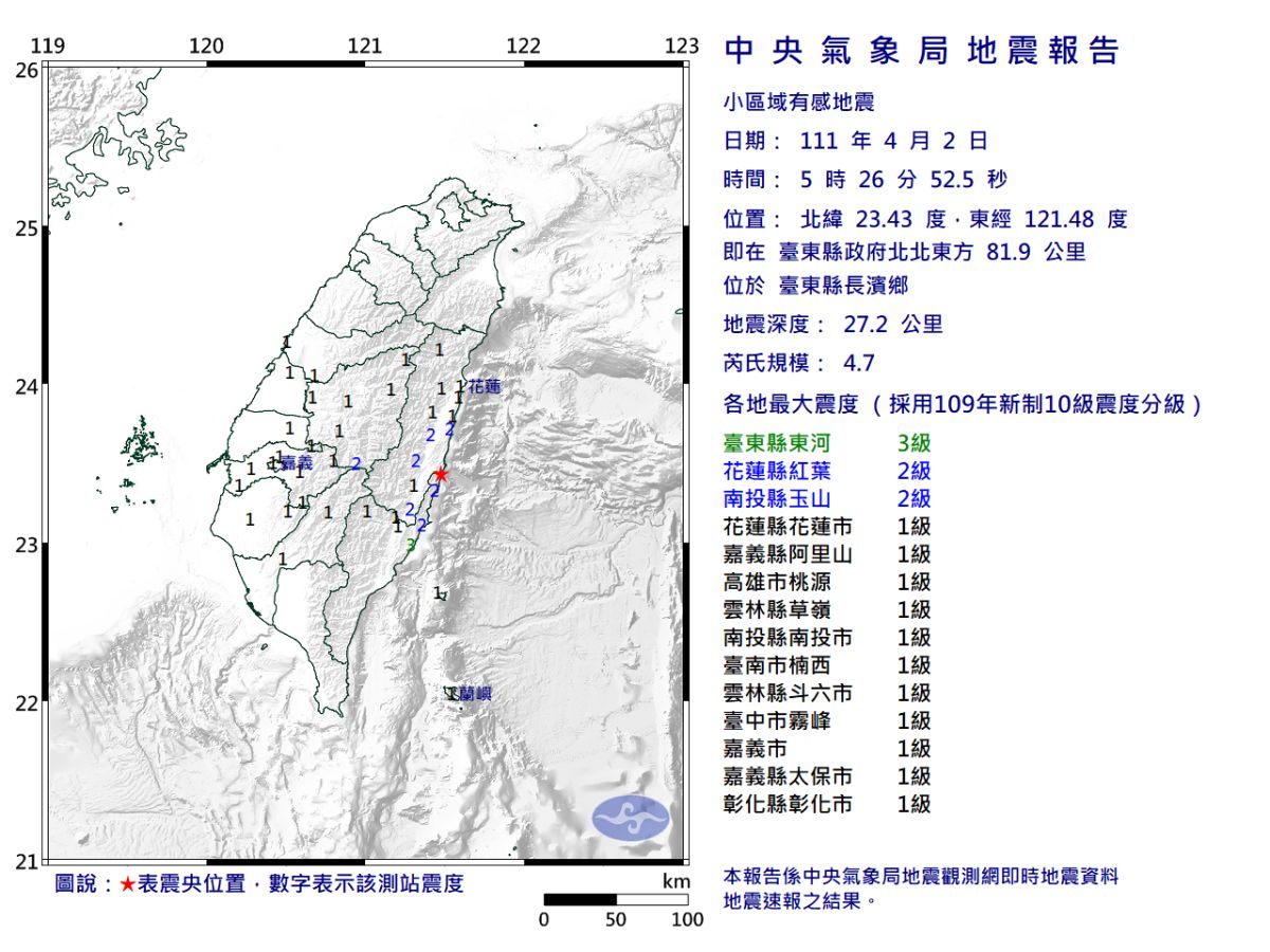 ▲花東地區今晨6分鐘內發生連2起地震。（圖／中央氣象局）