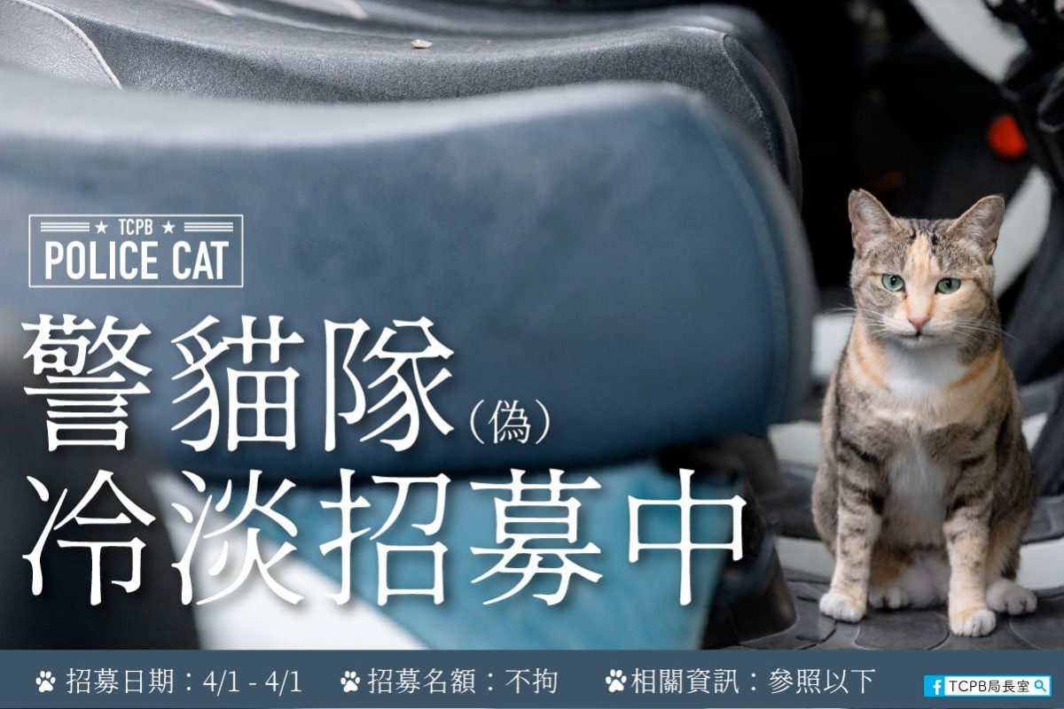 ▲台中市政府警察局局長室日前（1日）在臉書公開宣布將成立「TCPB警貓隊」。（圖／TCPB 局長室臉書帳號）