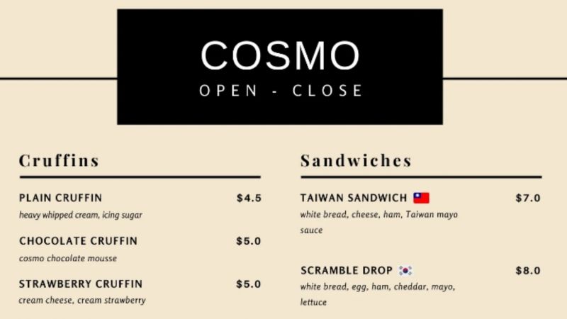 ▲紐西蘭咖啡館在菜單上放入台灣國旗，卻遭顧客給予一顆星負評。（圖／翻攝Cosmo Coffee官網）