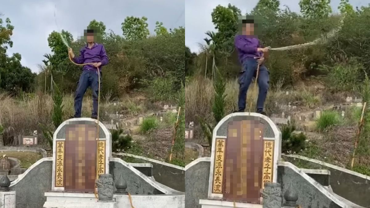 ▲屁孩掃墓拿水管亂噴的畫面，在網路上瘋傳，大家紛紛氣炸：「他晚上就知道了！」（圖／翻攝爆廢公社公開版）