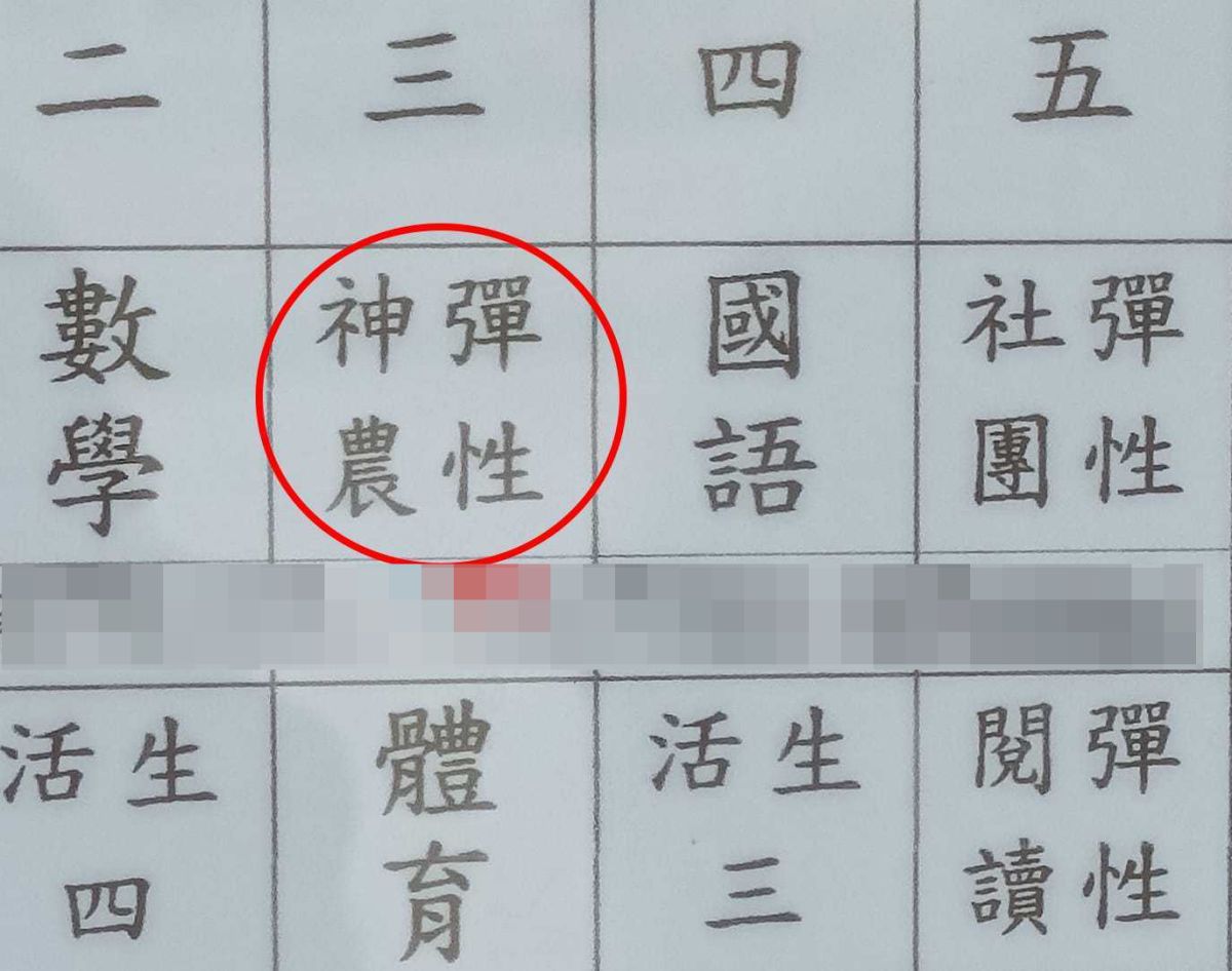 ▲有網友分享，在某國小的課表上，竟然出現一堂課名為「彈性神農」的課程，貼文引發熱議。（圖／翻攝自爆廢公社）