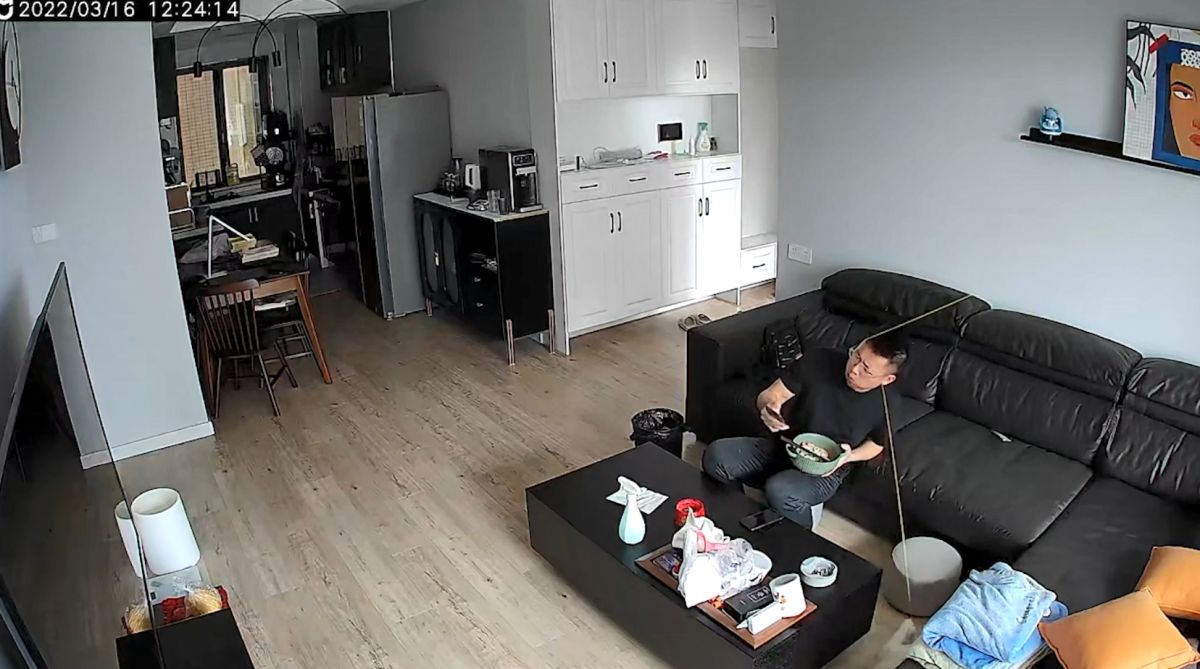 ▲飼主小王一如往常的在客廳邊看手機邊享用午餐，沒想到吃到一半，就被主子教訓。（圖／AP美聯社／Viralpress）