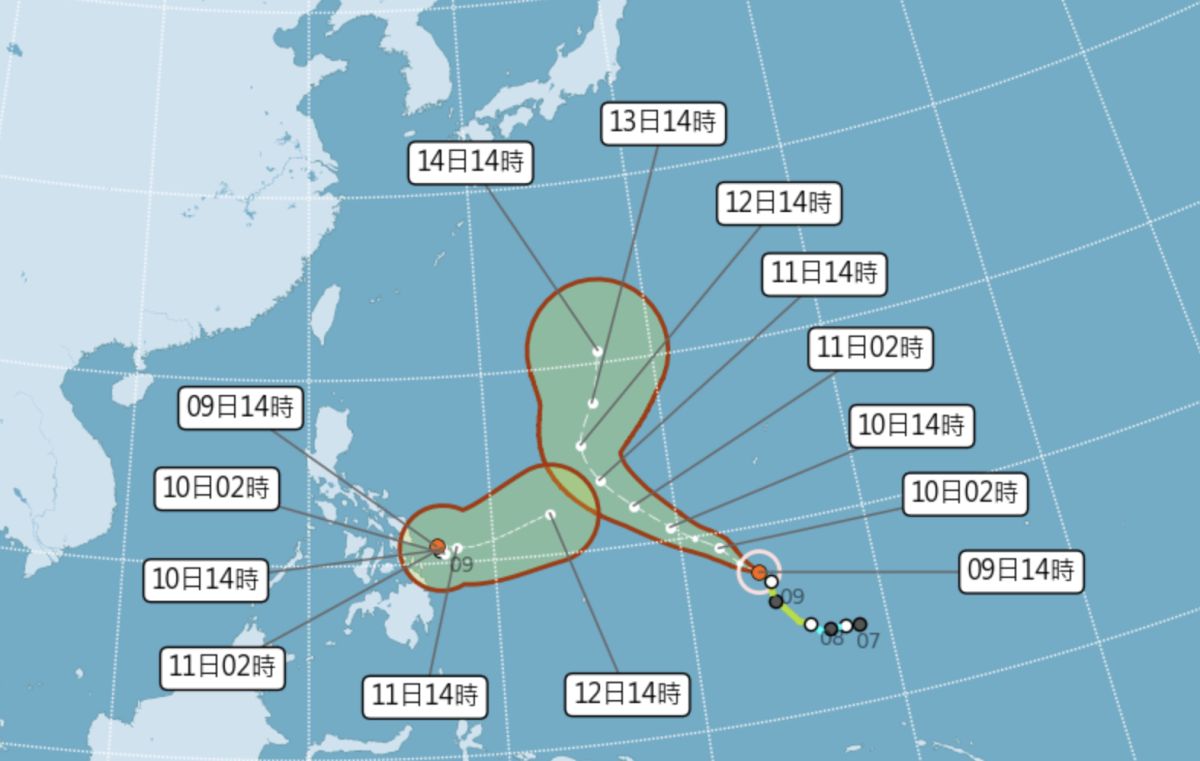 ▲目前在菲律賓東方海面上又有一個熱帶性低氣壓生成，將與馬勒卡颱風產生交互作用，氣象局研判發展成颱風的機率不大。（圖／翻攝中央氣象局官網）